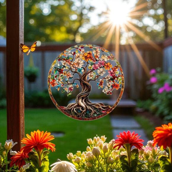 Tree of Life Suncatcher 9" Acrylic Stained Glass Autumn Flowers - Picture 1 of 5